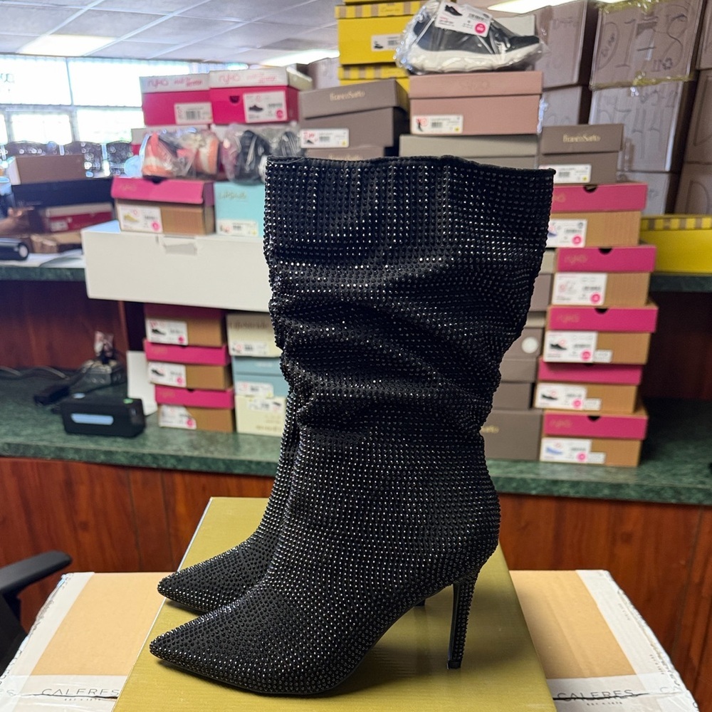 Thalia Sodi Black Crystal-Studded Slouchy Stiletto Boots - Picture 3 of 4